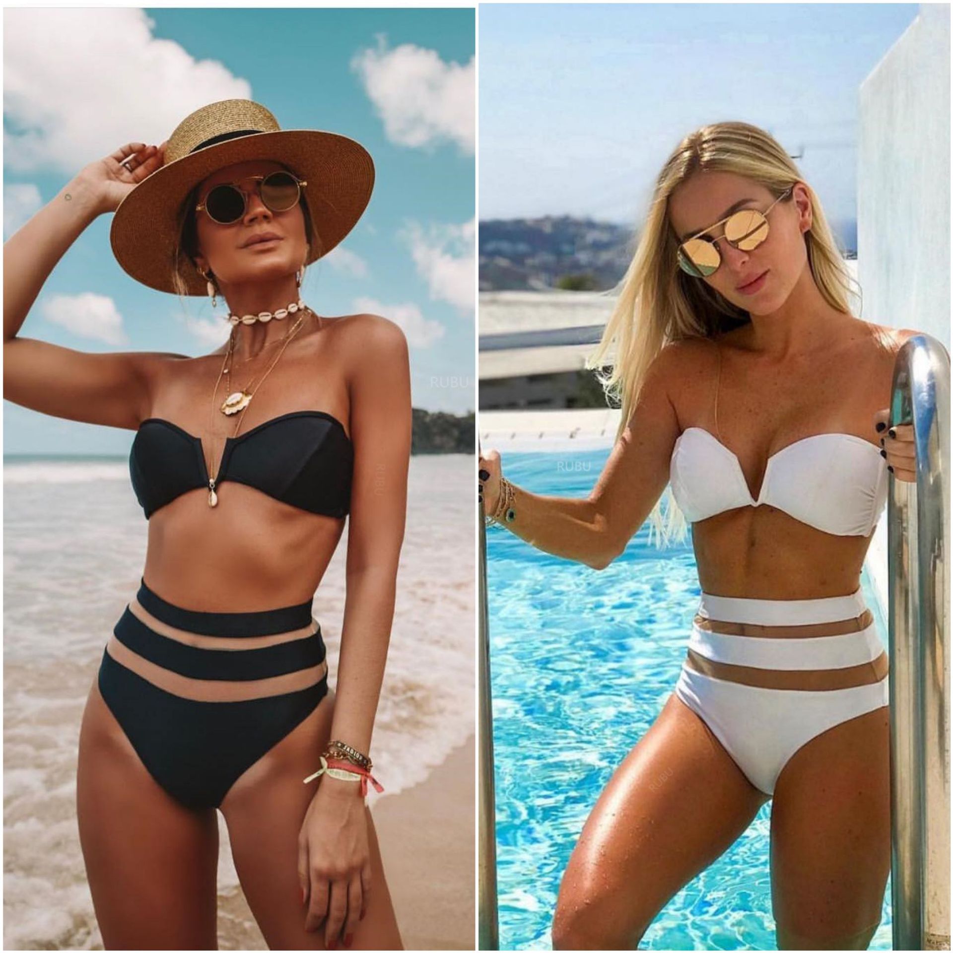 2019外贸分体泳衣V领网纱拼接性感高腰比基尼欧美bikini9188