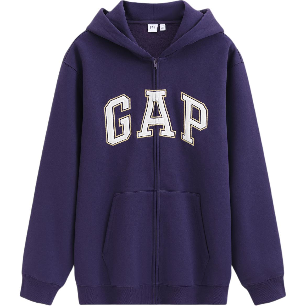 GAP 撞色丝绒刺绣LOGO抓绒拉链连帽卫衣 男女同款