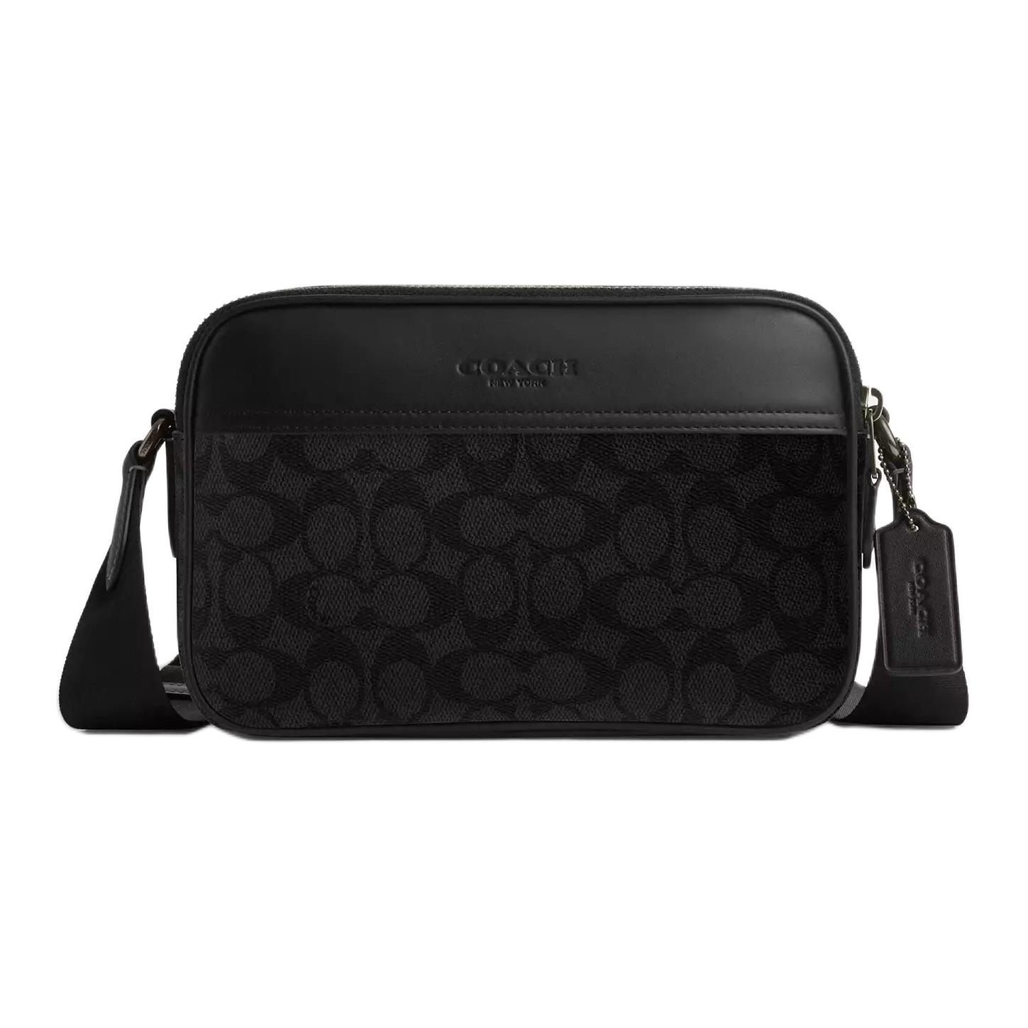 COACH蔻驰 Graham GRAHAM 23 品牌徽标可调节肩带 人造革拼牛皮革 单肩斜挎包 中号 男款 黑色