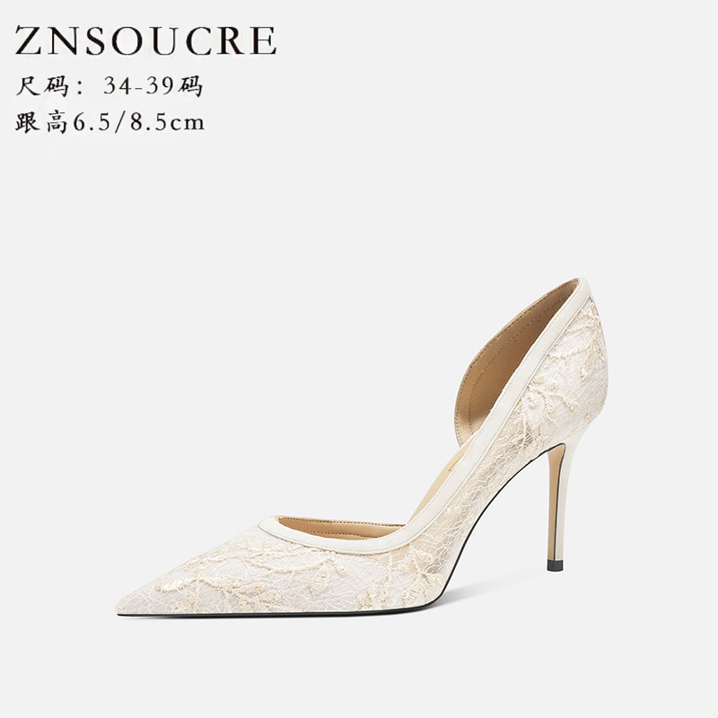 708-A42法式气质蕾丝网纱通勤女高跟尖头设计感婚礼伴娘跟鞋绝美
