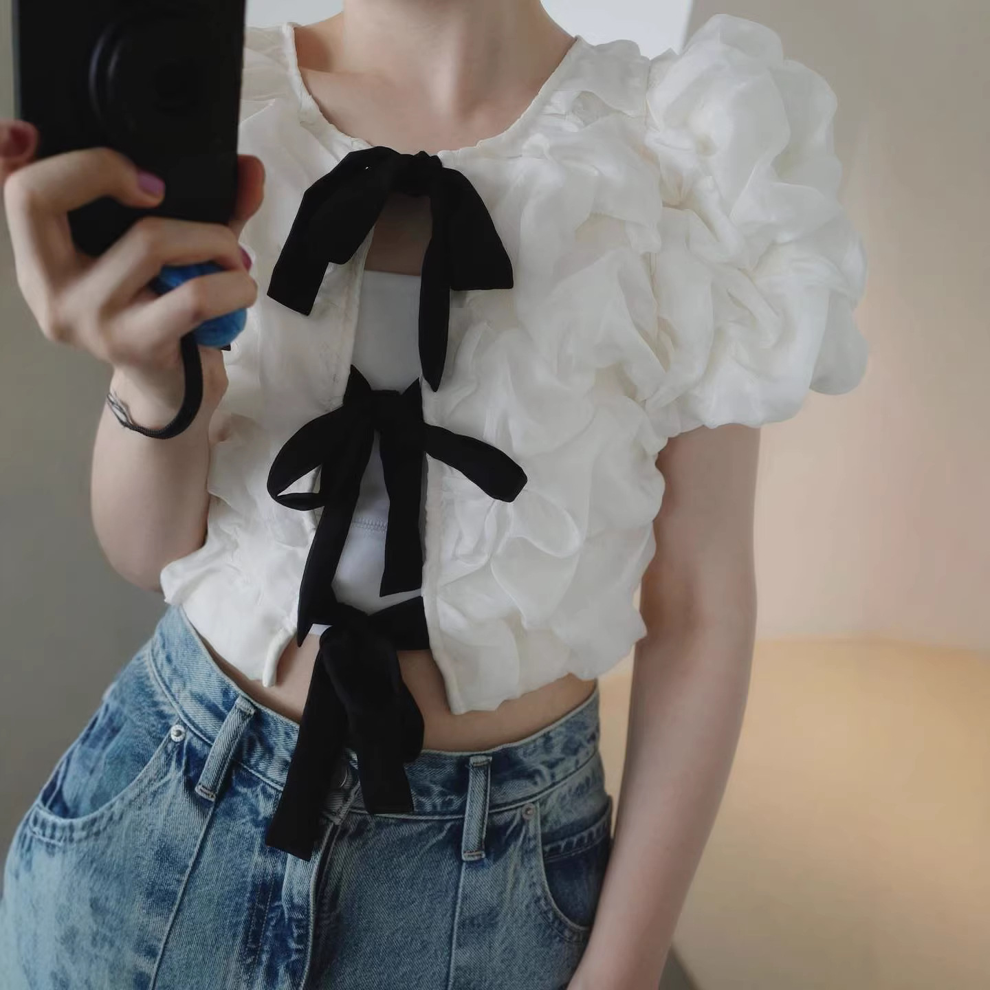 乾鹤夏季新款日系复古时髦绑带高腰上衣显瘦可爱休闲气质衬衫女