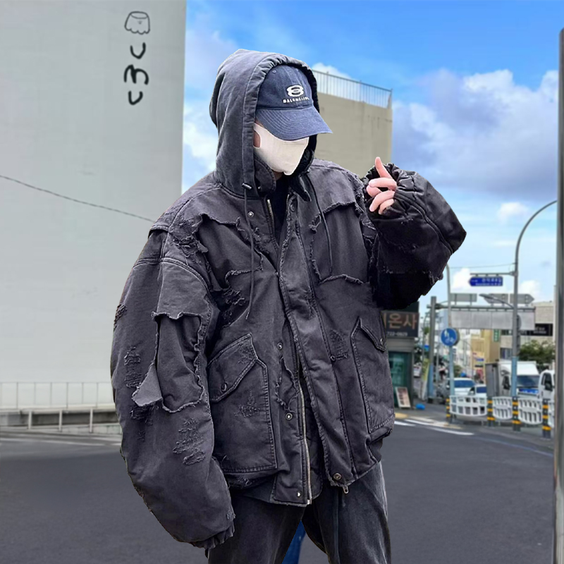 高品质GRAILZ TALK PROJECT G/R破坏拉链连帽夹克秋冬棉服外套男