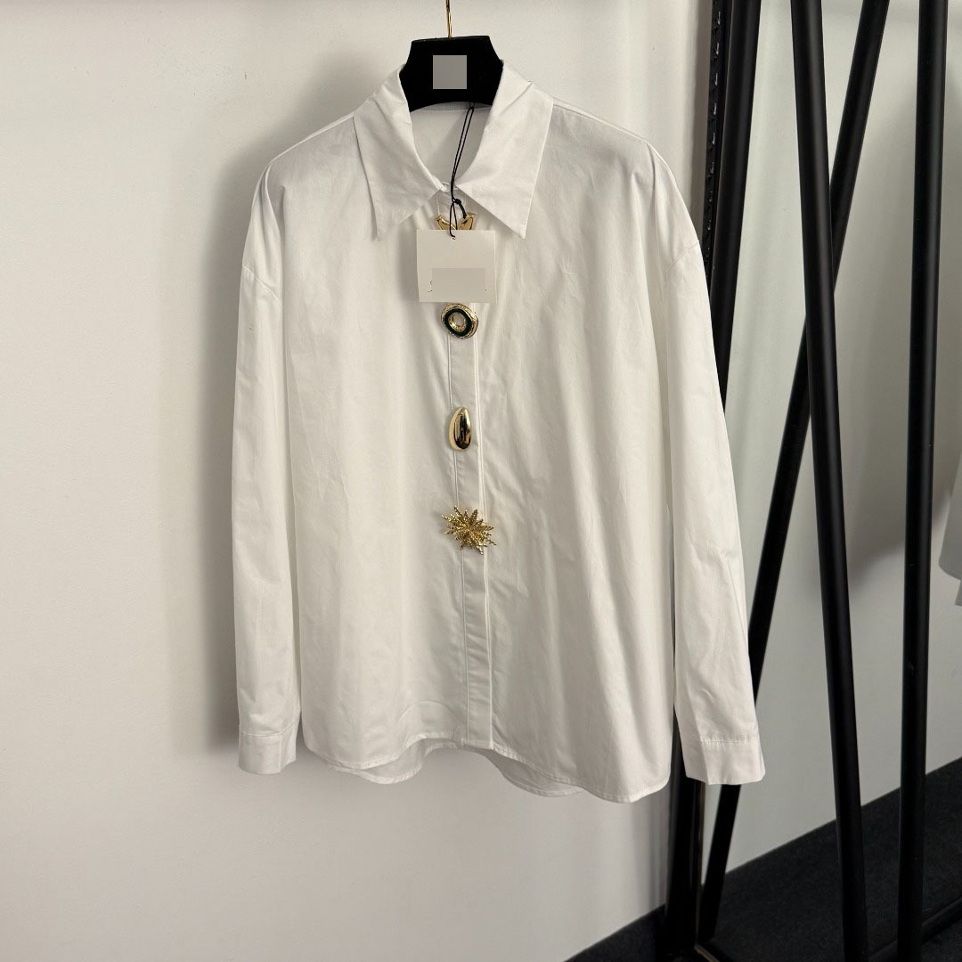 南油新款重工立体设计感异形金属纽扣气质宽松百搭女长袖纯棉衬衣