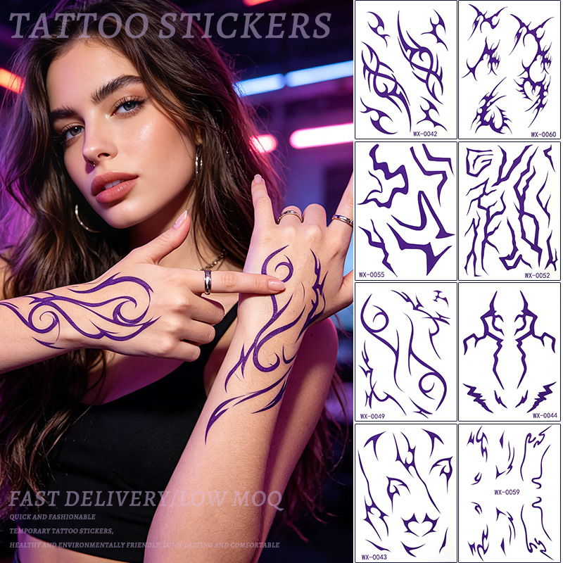 跨境欧美纹身贴防水临时赛博紫色科技线条纹身贴rumi tattoos cos