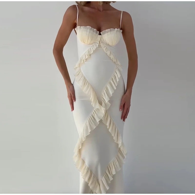 跨境欧美女装速卖通爆款拼接蕾丝胸包吊带裙