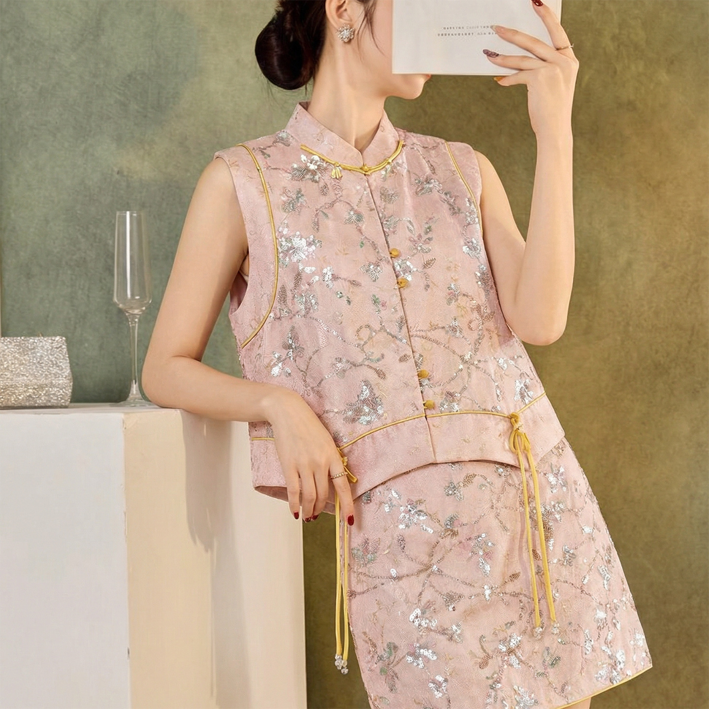 【年后发】春季国风新款立领马甲半裙套装重工刺绣亮片背心 NZ059