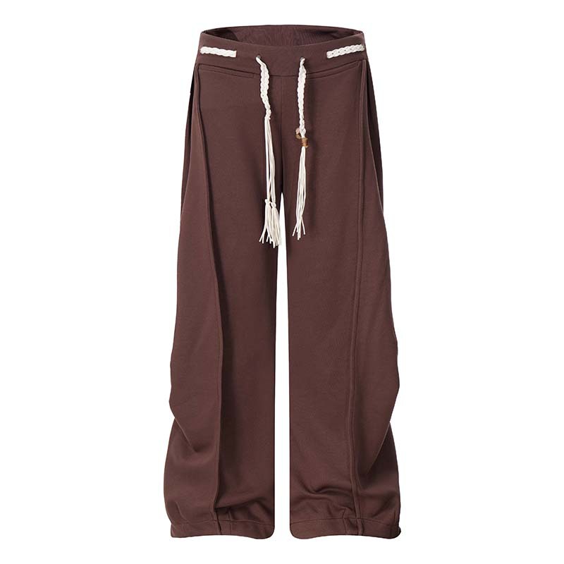 高街美式褶皱解构拼接配腰绳直筒工装裤男式潮牌宽松休闲伞兵长裤