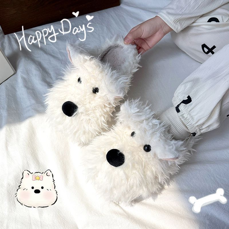 炸毛狗加厚包跟棉拖鞋女学生可爱寝室冬室内防滑保暖半包毛绒意赛