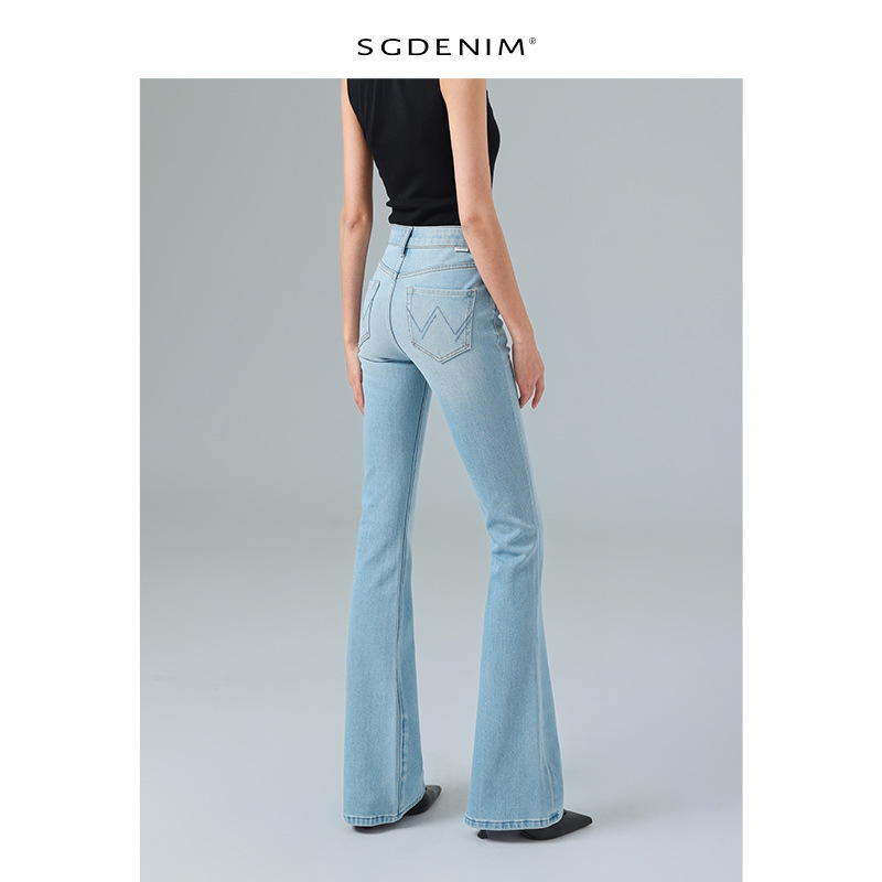 浅蓝色微喇叭牛仔裤女jeans 高腰四面弹提臀显瘦26春季新款百搭