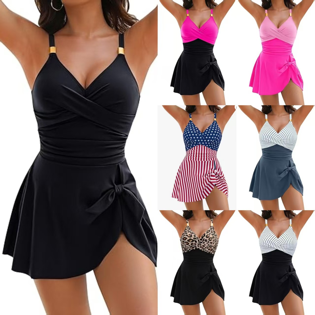 欧美跨境连体泳衣女紧身显瘦交叉露背性感亚马逊外贸多色现货泳装