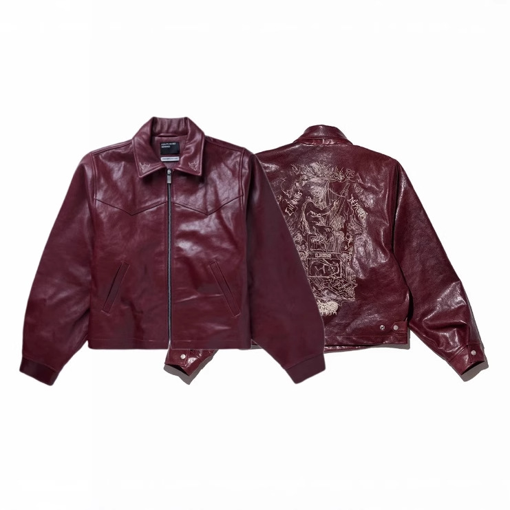 跨境 ERD忧郁的富二代酒红色刺绣翻领皮衣夹克男女同款潮牌外套