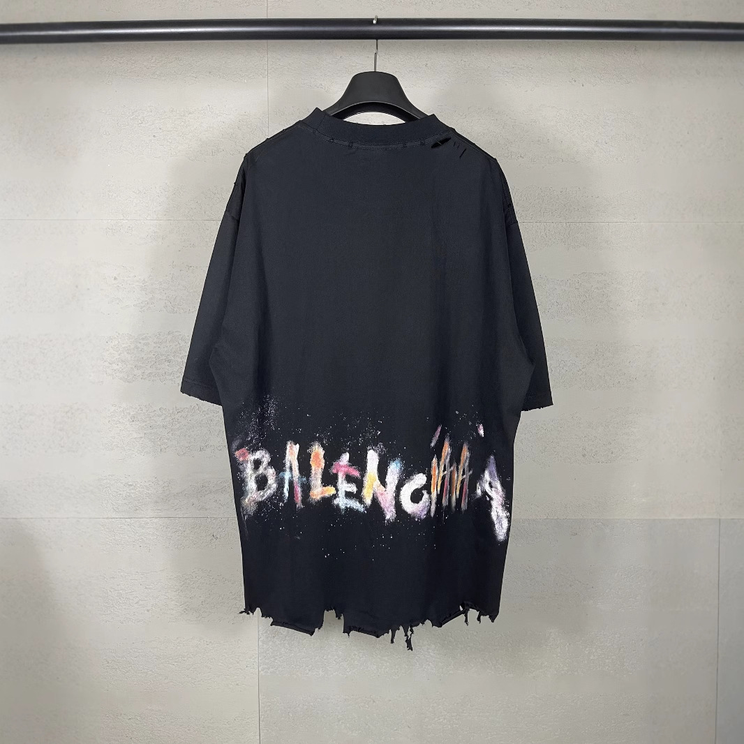 正确版本高品质B家25SS新款背后字母彩色手绘涂鸦色彩破烂短袖T恤