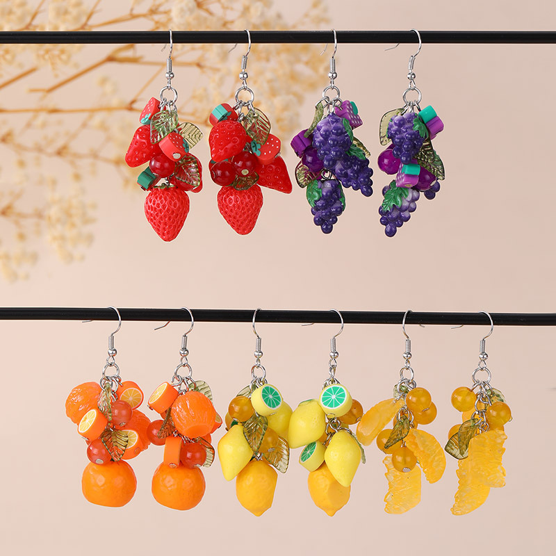 跨境欧美立体水果草莓吊坠耳环葡萄柠檬耳坠女饰品仿真水果饰品