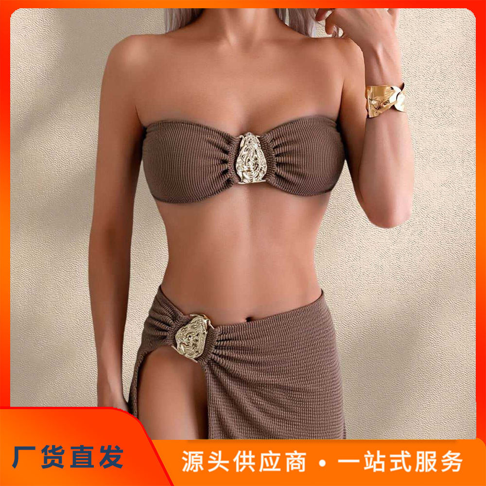 2025亚马爆款性感比基尼三件套三点式bikini裙式运动款分体游泳衣