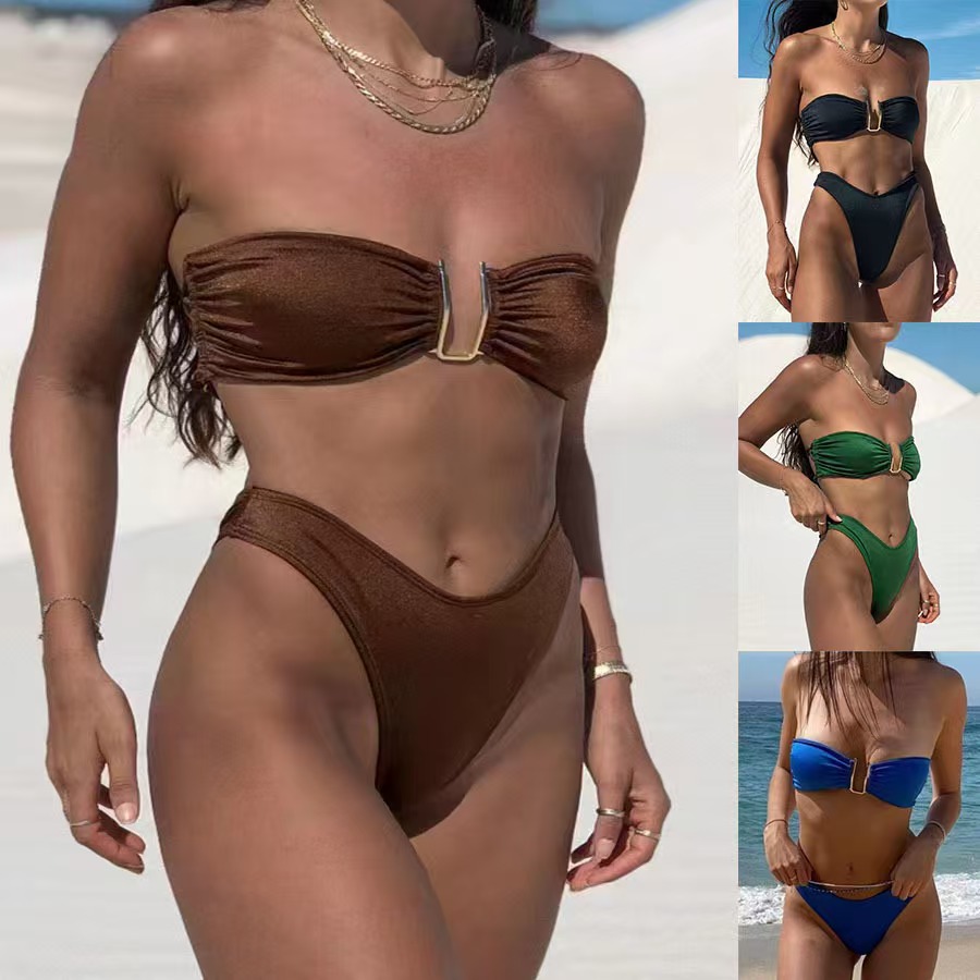 2025外贸新款性感游泳衣 欧美纯色高腰泳装泡温泉比基尼