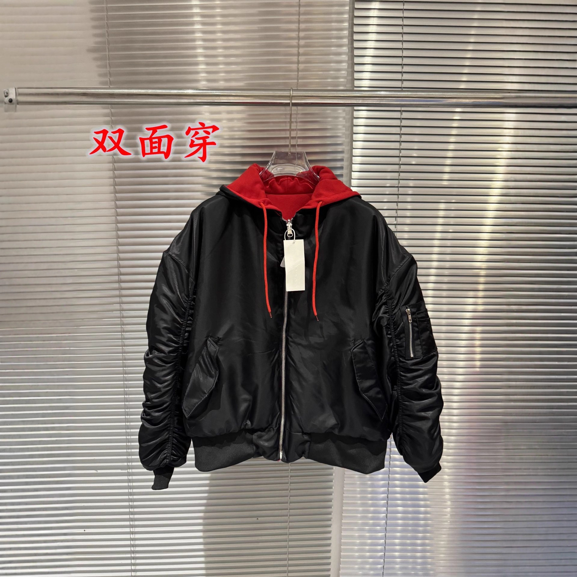 跨境秋冬新款双面穿飞行廓形拉链连帽夹克棉服开衫外套男女同款