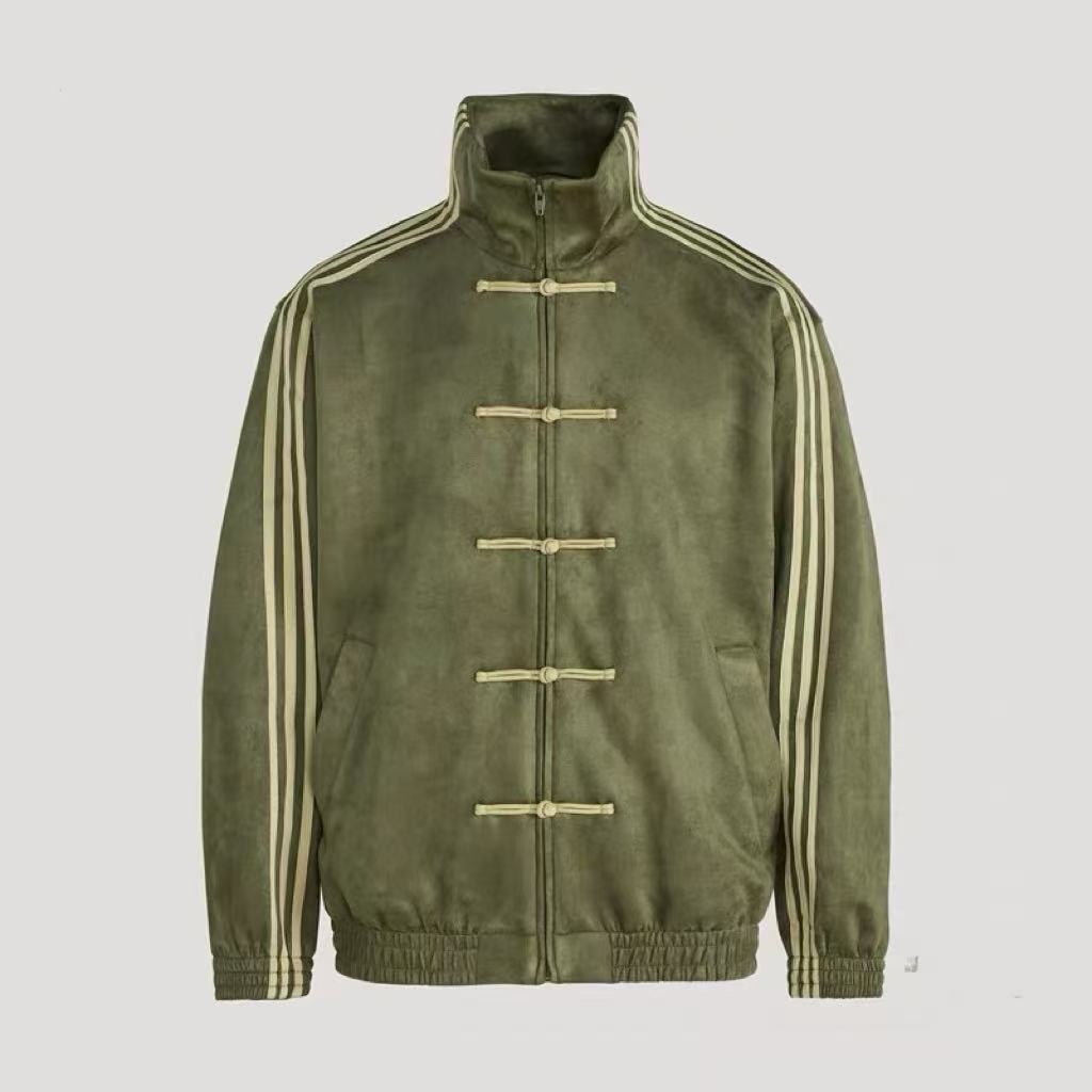 跨境 原单明星同款新中式唐装外套男女同款麂皮盘扣立领夹克