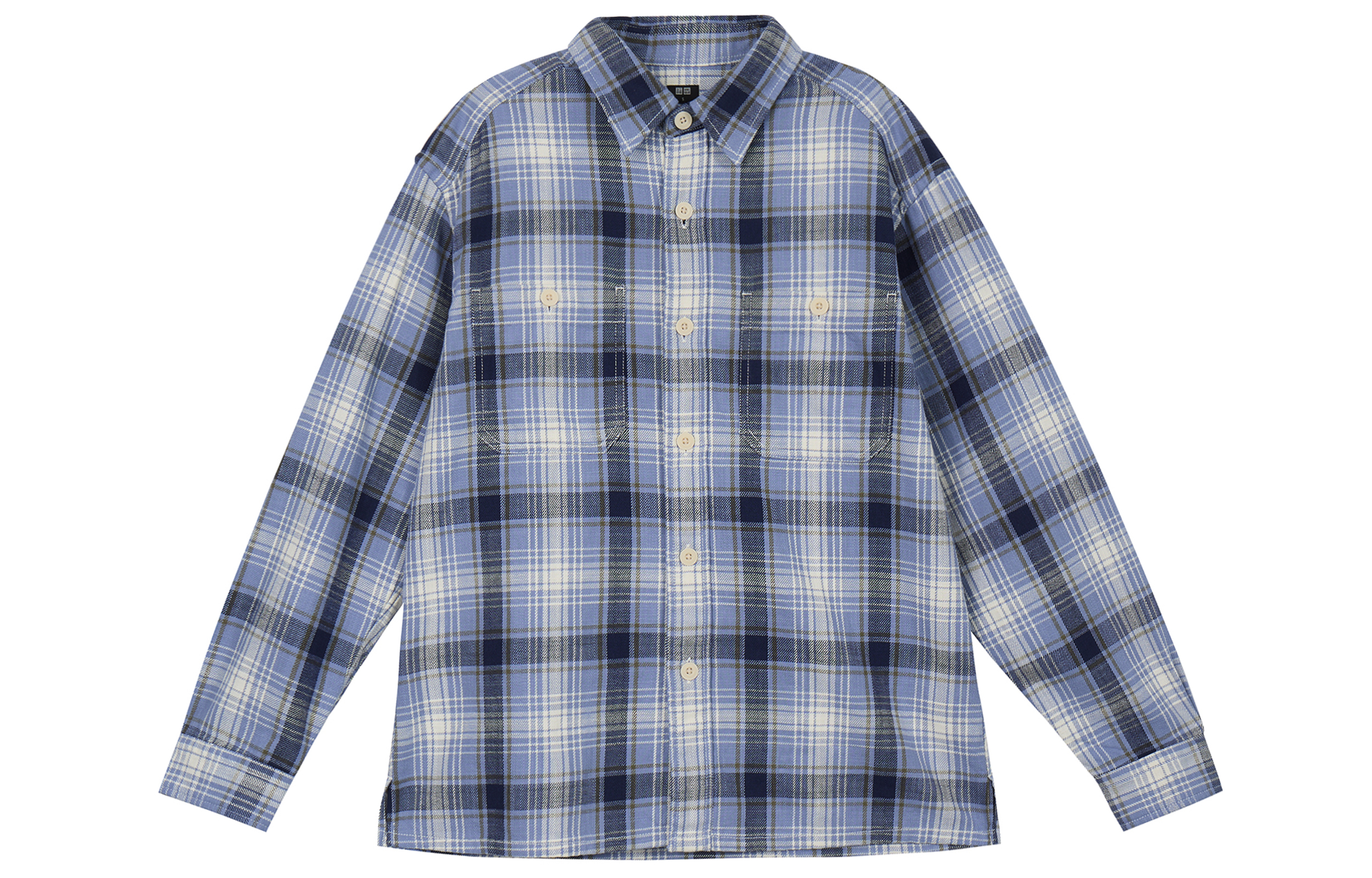 UNIQLO优衣库 撞色时尚格纹尖领单排扣双贴袋宽松版型长袖衬衫 男女同款 湖蓝色