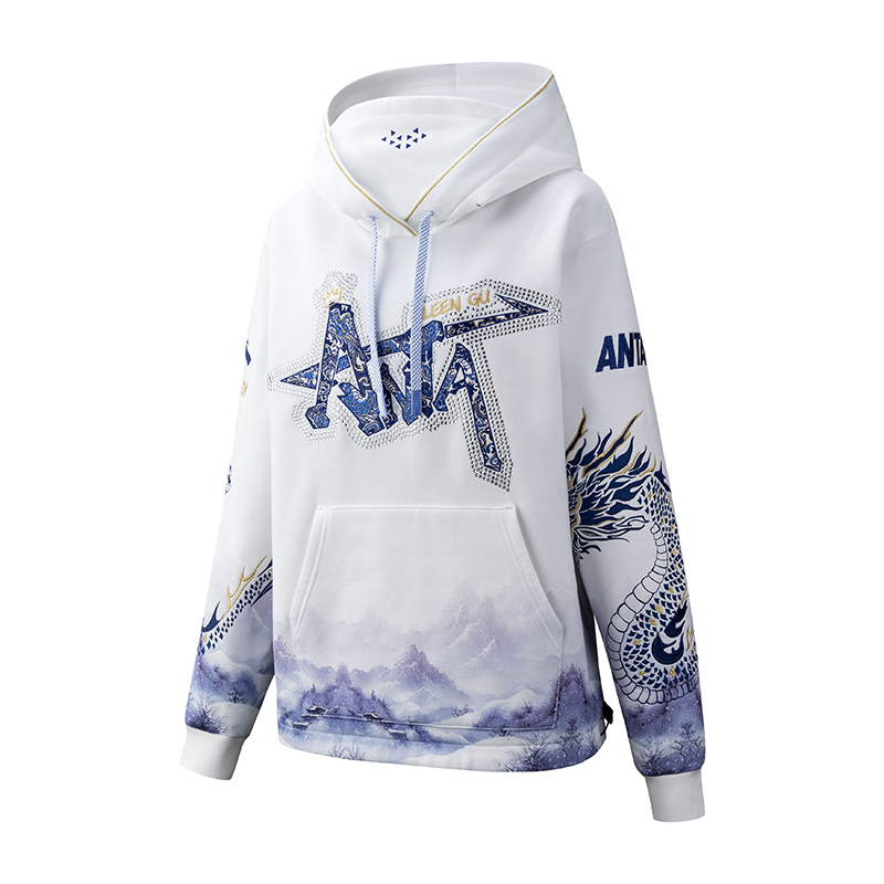 Anta安踏 谷爱凌青花瓷龙国潮风时尚运动舒适卫衣 男女同款 纯净白